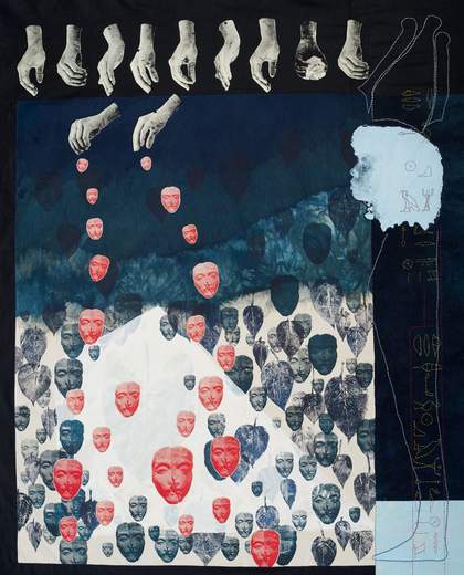 Collage image with a row of hands at the top sprinkling images of faces that fall in lines down the image.