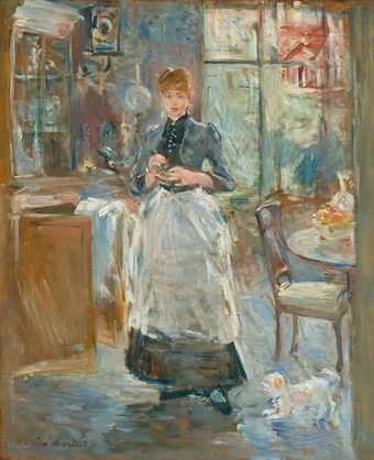 An impressionist painting of a woman standing in the kitchen by Berthe Morisot