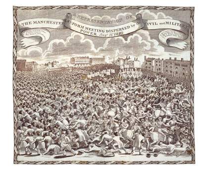 A print by John Slack on a handkerchief commemorating 'the Manchester reform meeting dispersed by the civil and military power. Augt. 16th. 1819', also known as the Peterloo Massacre, 1819 - British Museum
