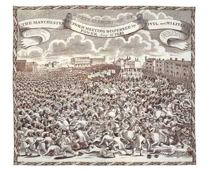 A print by John Slack on a handkerchief commemorating 'the Manchester reform meeting dispersed by the civil and military power. Augt. 16th. 1819', also known as the Peterloo Massacre, 1819 - British Museum