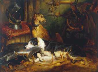 Painting of two dogs sitting in a room with armour, pheasants and sporting trophies