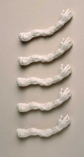 Frgments of sculpture, disembodied arms and hands made of plaster 