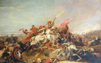 Abraham Cooper, The Battle of Marston Moor in 1644, 1819, oil paint on panel, 67.8 x 103.2 cm - Harris Museum and Art Gallery - Bridgeman Images