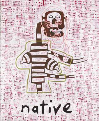 an abstract figure with a disjointed head is painted behind a pink patterned background with the word native
