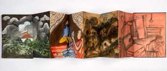 Accordion pleated book with a series of colourful small drawings and paintings