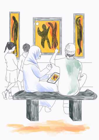Line drawing of a woman, a man and children looking at art in a gallery