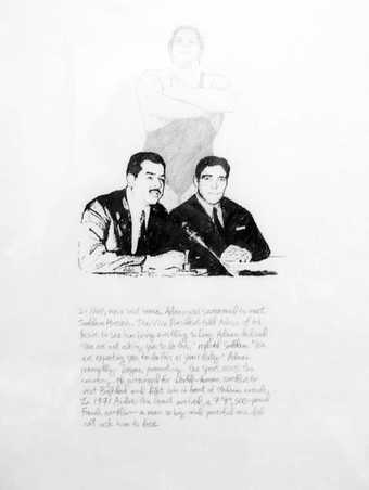 Michael Rakowitz Adnan Alkaissy Obey 2009 Drawing of two men sitting at a desk in front of a microphone. There is a caption text underneath the drawing.