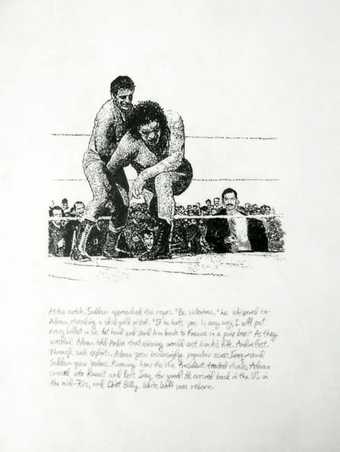 Michael Rakowitz Adnan Alkaissy Obey 2009 Drawing of two men wrestling watched by a crowd. There is a caption text underneath the drawing.