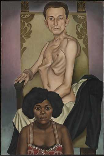 Painting of a nude man with a prominent rib cage sitting on a throne, with a black woman sitting in front of him, both stare ahead at the viewer 
