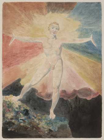 naked figure standing on a rock with arms wide