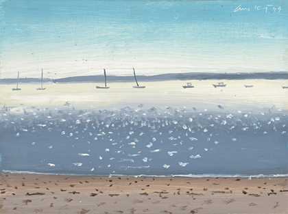A painting showing a seacape with yachts and boats on the water