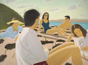 A painting showing group of five adults on the beach