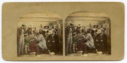 Stereoscopic photo of Alfred Silvester's The Road, the Rail, the Turf, the Settling Day (The Rail Second Class)