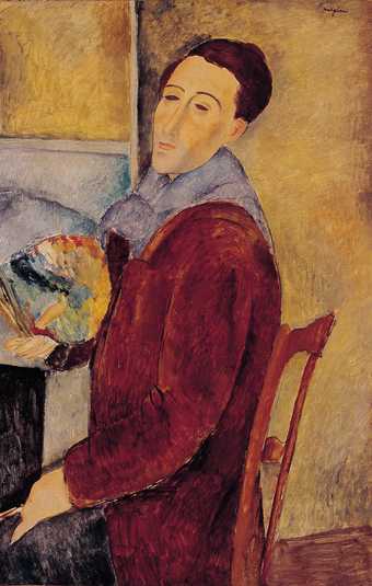 Painting of a man sitting on a chair holding a painting palette