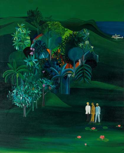 Painting called 'American Survey Officer' consiting of three men standing and chatting at the bottom of a tropical jungle scene