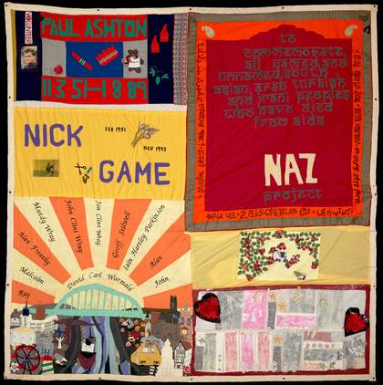 Colourful textile quilt featuring the names of people who died from AIDS which will be shown as part of the display at Tate Modern. Names include Nick Game, Paul Ashton, NAZ Project, Stevie, Space, Bev, Paul, Body Positive Newcastle Upon Tyne, Steve.