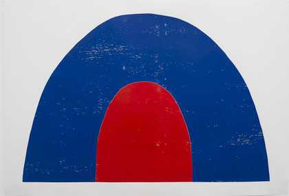 Painting of Andrea Büttner's Tent, a child-like arched images of a navy tent with a red door