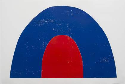 Painting of Andrea Büttner's Tent, a child-like arched images of a navy tent with a red door