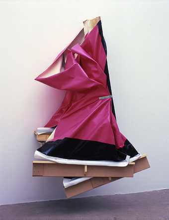 Angela de la cruz Super Clutter XXL Pink and Brown 2006 pink and black canvas distorted and attached to the wall