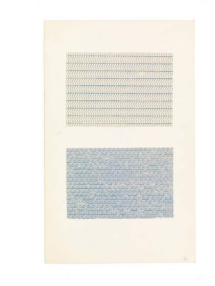 Anni Albers, studies made on the typewriter, undated, typewriter printing in blue ink on paper mounted on board, 27 x 16.8 cm - The Josef and Anni Albers Foundation