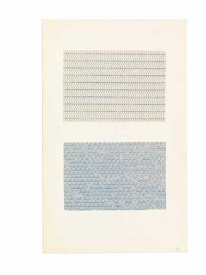 Anni Albers, studies made on the typewriter, undated, typewriter printing in blue ink on paper mounted on board, 27 x 16.8 cm - The Josef and Anni Albers Foundation