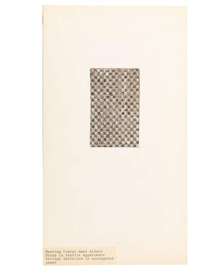 Anni Albers, study in textile appearance through imitation in corrugated paper, undated, ink and gouache on corrugated paper mounted on cardboard, 30.5 x 16.8 cm