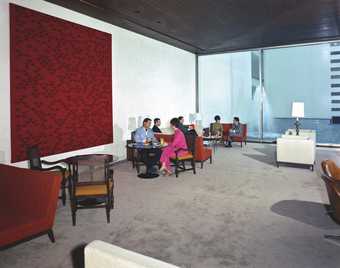 Anni Albers's wallhanging Camino Real 1967 in the Lobby Bar of the Camino Real hotel, Mexico City, 1968, photographed by Armando Salas Portugal - Courtesy the Josef and Anni Albers Foundation