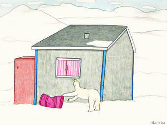 A painting by Canadian artist Annie Pootoogook of a polar bear outside of a home.