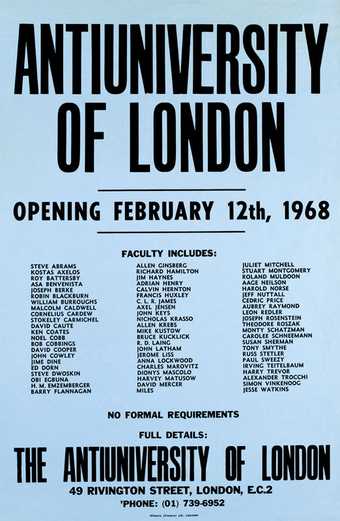 Poster announcing the opening of the Antiuniversity of London 1968