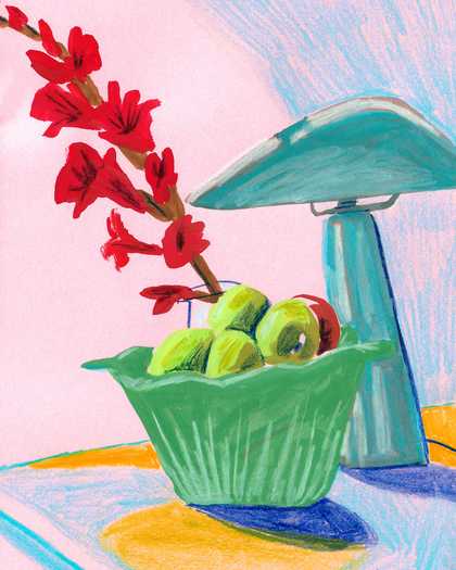 Drawing of flowers and apple
