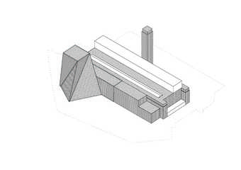 Architectural concept drawing showing a pencil drawing of the new building