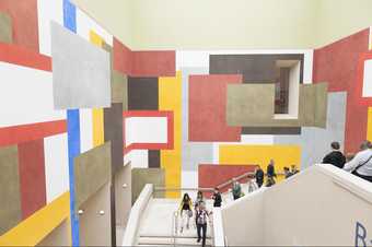 Archive Explorer leading the group at the colourful geometric patterned Tate Britain staircase