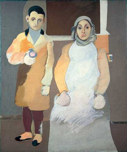 Arshile Gorky The Artist and His Mother 1926 1936 painting of a woman seated with a young boy standing beside her