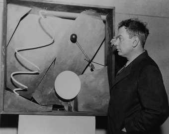 Alexander Calder with Black Frame 1934 at the exhibition Mobiles by Alexander Calder, The Renaissance Society of The University of Chicago, 1935
