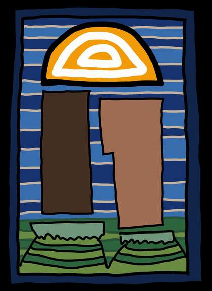 a digital drawing of block shapes on a stripey background