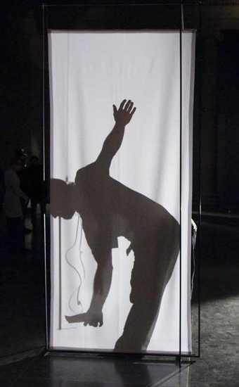 Athanasios Argianas The Length of A Strand Of Your Hair Of The Width Of Your Arms, Unfolded 2010 a man posing behind a screen so his shadow falls on the screen
