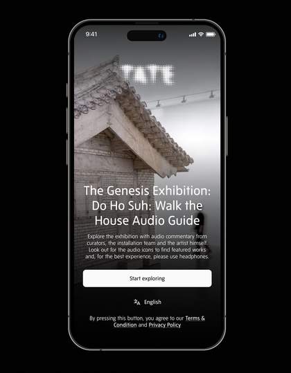 A smartphone showing an audio guide introduction on the screen