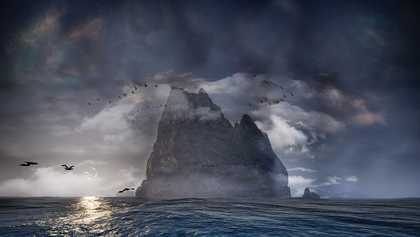 a digital image of a cloudy sky over water with a mountain in the background and lots of birds in flight. The sun is setting.