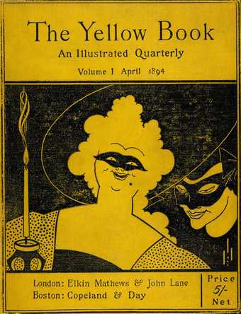 Cover of The Yellow Book, illustrated by Beardsley. Shows a woman in a mask with a candle and another masked man lingering behind