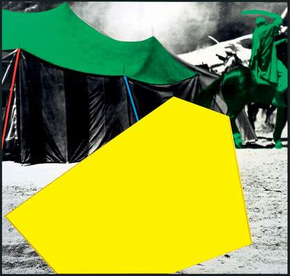 John Baldessari Blockage Yellow With Tent and Sword Fight Green 2005 photograph of tents with yellow and green painted abstract shapes covering part of the photo