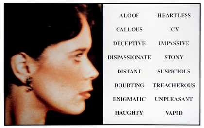 Prima Face Third State From Aloof to Vapid 2005 a photograph of a woman in profile with text in a white panel next to the picture