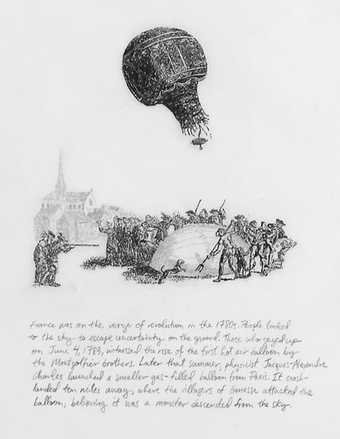 Michael Rakowitz The Balloon is Going Up - The War Has Begun A drawing of a hot air balloon being fired at by a group of soldiers. There is a caption text underneath the drawing.