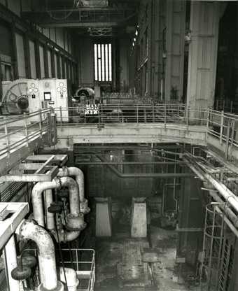 Interior shot of Bankside Power Station, black and white
