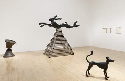 Barry Flanagan installation shot with hare and dog sculptures
