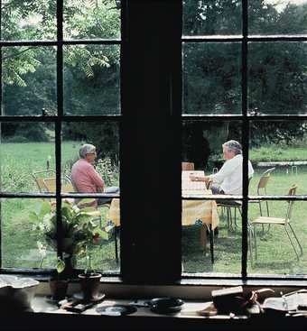 Bhupen Khakhar and Howard Hodgkin in Hodgkin's garden in Wiltshire, c1982, photo by Anthony Stokes