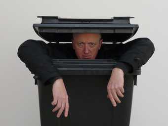 Michael Landy portrait; inside a bin