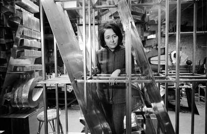 Chryssa in her Brooklyn studio with The Gates to Times Square, c.1965