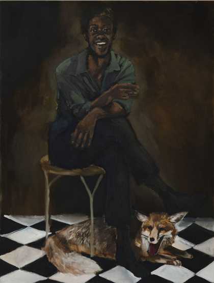 a man sits in a chair with a fox underneath on a tiled floor
