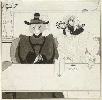 Illustration of two woman sitting next to each other in a restaurant booth