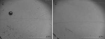High resolution digital microscopy images of the surface of Op Structure before (left) and after (right) it was cleaned